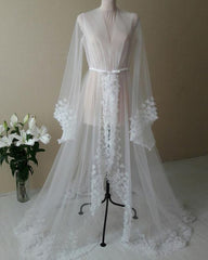 Evening Dress For Sale, white v neck tulle long sleeved bridal boudoir robe with 3d flowers