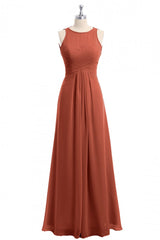 Formal Dress For Weddings Guest, Rust Orange Crew Neck Backless A-Line Long Bridesmaid Dress