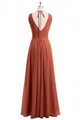 Formal Dress For Wedding Guests, Rust Orange Crew Neck Backless A-Line Long Bridesmaid Dress