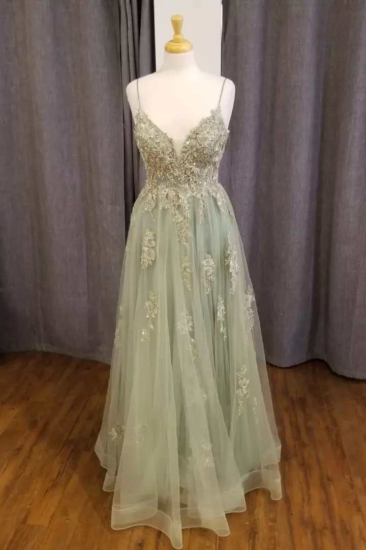 Formal Dresses Nearby, Sage Green Floral Appliques Straps A-Line Prom Dress