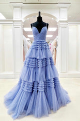 Homecoming Dresses Idea, Elegant Light Blue Side Slit Tulle Long Prom Dress