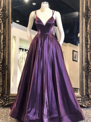 Party Dress Pattern, V Neck Purple Satin Long Prom Dresses, Purple Formal Graduation Evening Dresses/4307