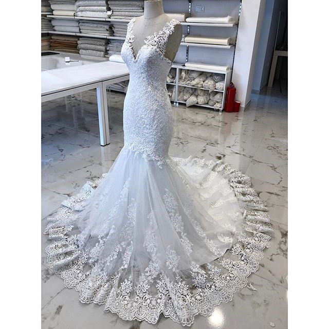 Wedding Dress Flower, Luxury V Neck Lace Tulle Mermaid Wedding Dresses with Appliques