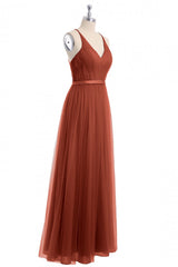 Formal Dress For Party Wear, Rust Orange V-Neck Backless A-Line Long Bridesmaid Dress