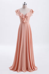 Prom Dresses, Peach Ruffles A-lline Chiffon Long Bridesmaid Dress with Tie Back