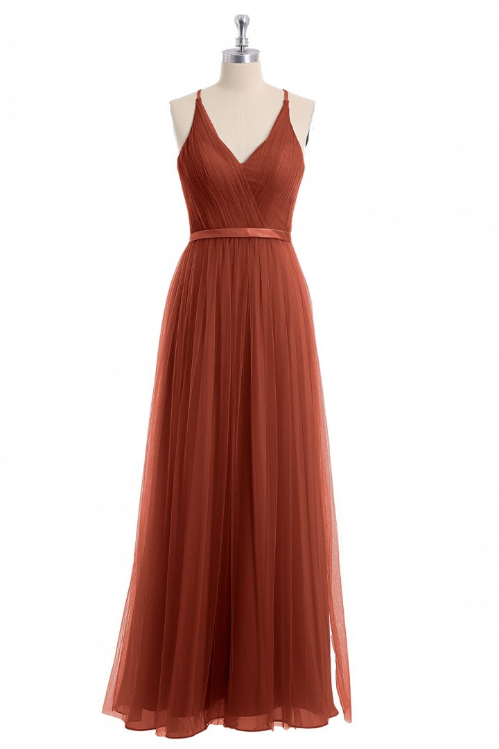 Formal Dress Long Sleeve, Rust Orange V-Neck Backless A-Line Long Bridesmaid Dress