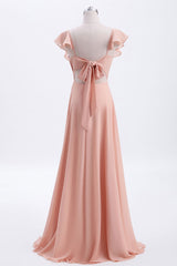 Prom Dress Modest, Peach Ruffles A-lline Chiffon Long Bridesmaid Dress with Tie Back
