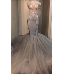 Formal Dresses For Woman, 2024 Silver Long Sleeve Mermaid/Trumpet Lace and Tulle Prom Dresses
