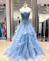 Party Dresses In Store, Gorgeous A Line Sweetheart Appliques Lace Prom Dresses with Ruffles