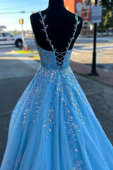 Cute Prom Dress, Light Blue Appliques V-Neck Belted A-Line Prom Gown