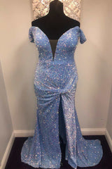 Prom Dresses Designer, Blue Sequin Off-the-Shoulder Twist-Front Mermaid Long Prom Dress