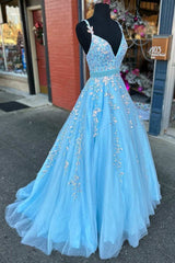Dusty Blue Bridesmaid Dress, Light Blue Appliques V-Neck Belted A-Line Prom Gown