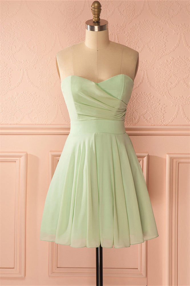 Formal Dress Long Elegant, Sage Green Chiffon Strapless A-Line Short Dress