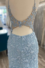 Party Dress Outfits, Light Blue Appliques Plunge V Short Homecoming Dress