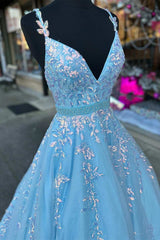 Beauty Dress, Light Blue Appliques V-Neck Belted A-Line Prom Gown
