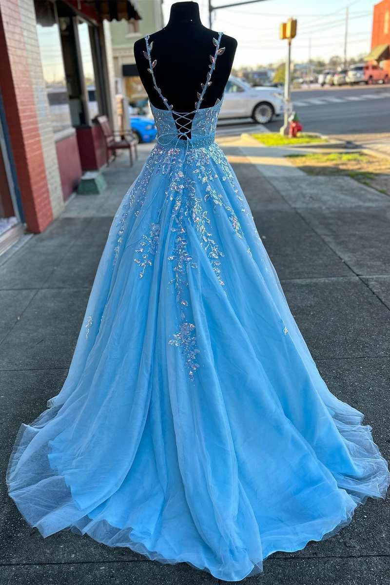 Slip Dress, Light Blue Appliques V-Neck Belted A-Line Prom Gown