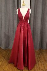 Homecoming Dresses Online, Red Lace Satin Plunge V A-Line Prom Dress