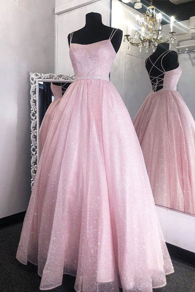 Formal Dress Gowns, Shiny Light Pink Long Prom Dress,Back Open Formal Party Gown