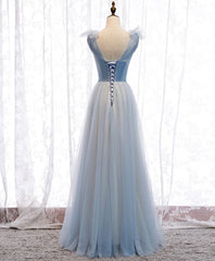 Bridesmaid Dress Modest, Simple Blue V Neck Tulle Long Prom Dress, Blue Formal Dress