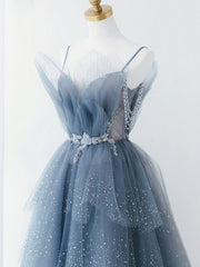 Party Dress Mini, Gray Blue Tulle Beads Long Prom Dress, Blue Tulle Formal Dress