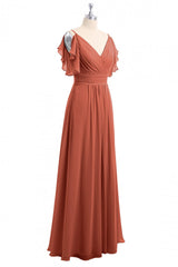 Formal Dress To Attend Wedding, Rust Orange Cold-Shoulder A-Line Long Bridesmaid Dress