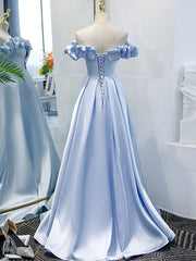 Bridesmaids Dresses Orange, Blue A Line Off Shoulder Long Prom Dress, Blue Evening Dress