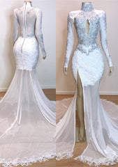Evening Dresses Prom Long, 2024 White Long Sleeve High Neck Lace and Tulle Side Slit Mermaid Prom Dresses