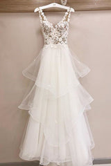 Wedding Dresses Lace Sleeves, Charming Tulle Appliques V Neck Lace Wedding Dresses with Ruffles