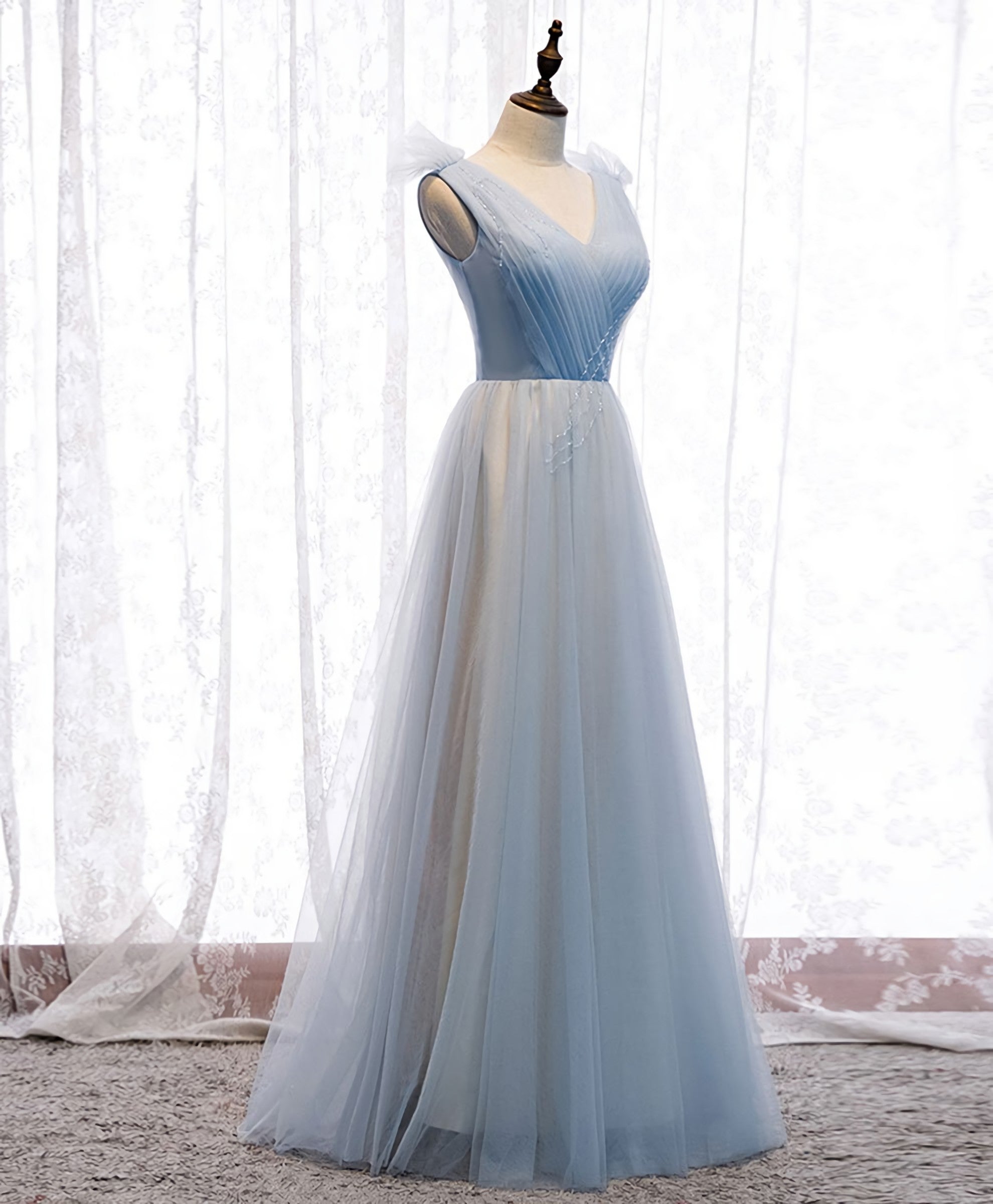 Bridesmaids Dresses Modest, Simple Blue V Neck Tulle Long Prom Dress, Blue Formal Dress