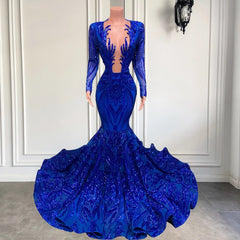 Evening Dresses Ball Gown, Hot Sparkle Royal Blue Sequin Long sleeves Mermaid Prom Dresses