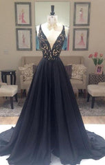 Prom Dresses Elegent, 2024 Junoesque Black Beading V-Neck Zipper Prom Dresses