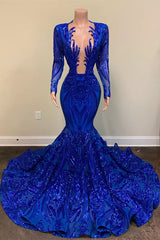 Evenning Dresses Short, Hot Sparkle Royal Blue Sequin Long sleeves Mermaid Prom Dresses