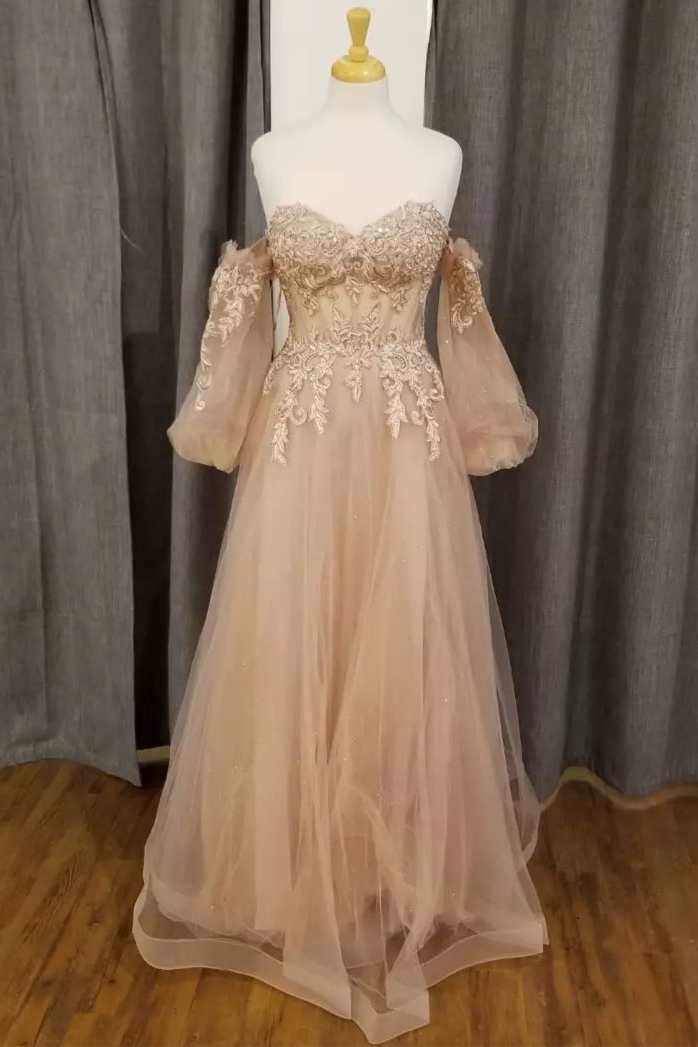 Homecoming Dress Vintage, Champagne Tulle Lace Sweetheart A-Line Prom Dress with Puff Sleeves