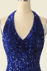 Evening Dress Shop, Royal Blue Sequin Halter Open Back Short Homecoming Dress