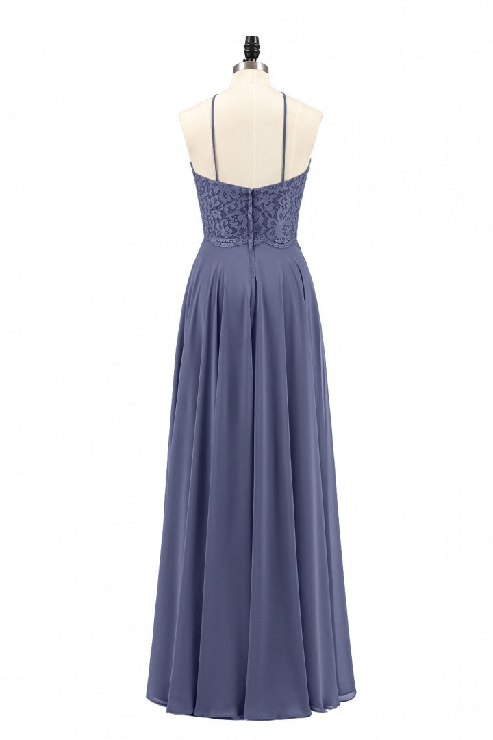 Bridesmaid Dresses 2040, Navy Blue Chiffon Halter Backless A-Line Long Bridesmaid Dress