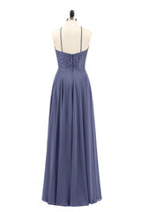 Bridesmaid Dresses 2040, Navy Blue Chiffon Halter Backless A-Line Long Bridesmaid Dress