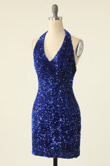 Evening Dress Elegant, Royal Blue Sequin Halter Open Back Short Homecoming Dress