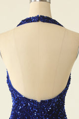 Evening Dresses Store, Royal Blue Sequin Halter Open Back Short Homecoming Dress