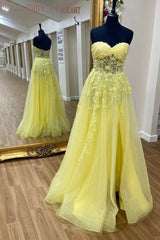 Wedding Bouquet, Yellow Floral Lace Strapless A-Line Prom Dress