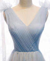 Bridesmaid Dress Mauve, Simple Blue V Neck Tulle Long Prom Dress, Blue Formal Dress