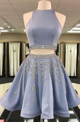 Evening Dress Open Back, Princess/A-Line Knee Length Two Pieces Satin Prom Dresses