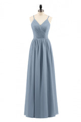 Evening Dress Knee Length, Dusty Blue Chiffon Cutout Back A-Line Long Bridesmaid Dress