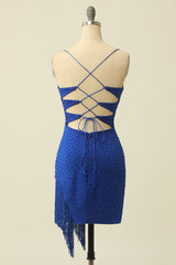 Evening Dress Sale, Royal Blue Beaded Tassel Lace-Up Short Party Gown
