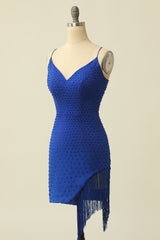 Evening Dresses Sale, Royal Blue Beaded Tassel Lace-Up Short Party Gown