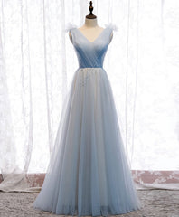 Bridesmaids Dress Modest, Simple Blue V Neck Tulle Long Prom Dress, Blue Formal Dress