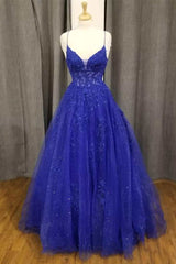 Evening Dress Fitted, Royal Blue Floral Appliques V-Neck A-Line Formal Gown