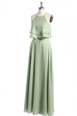 Formal Dresses Graduation, Sage Green Chiffon Halter Ruffle A-Line Long Bridesmaid Dress