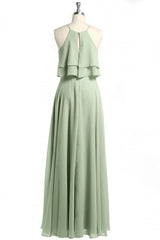 Formal Dresses And Evening Gowns, Sage Green Chiffon Halter Ruffle A-Line Long Bridesmaid Dress
