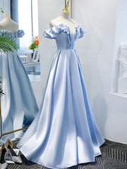 Bridesmaids Dresses White, Blue A Line Off Shoulder Long Prom Dress, Blue Evening Dress