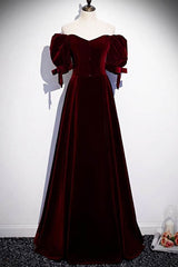 Formal Dresses Modest, Modest Burgundy Long Prom Dresses with Short Sleeves Vintage Evening Gown
